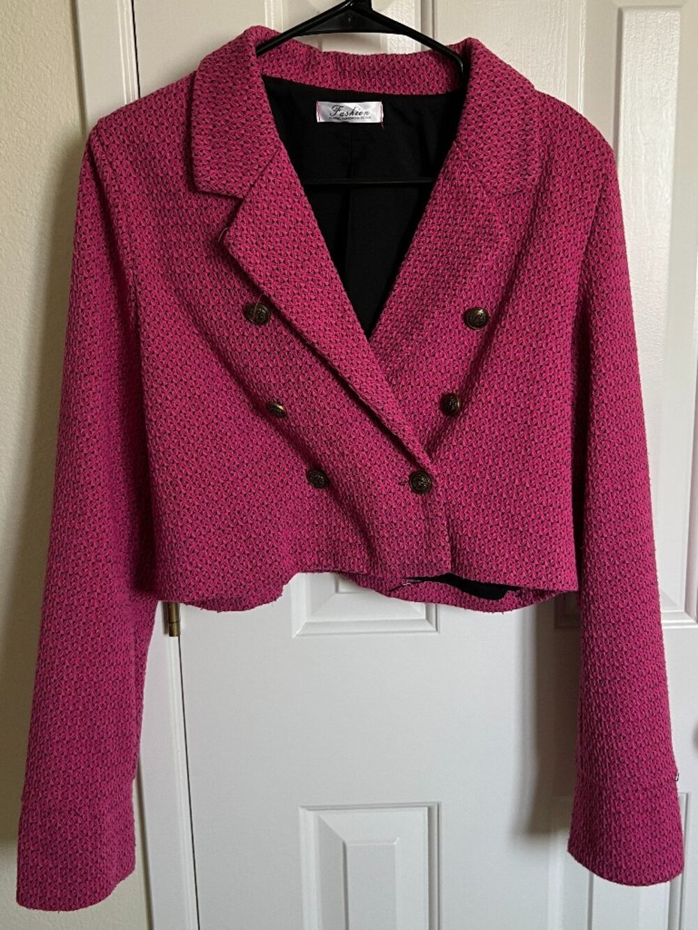 Women Double Breasted Tweed Blazer, Hot Pink, Size S